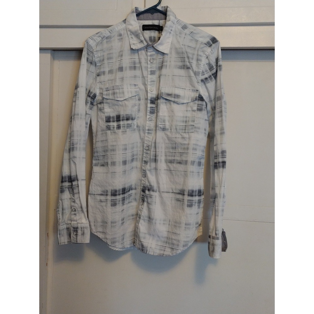 Calvin Klein Men's Size Medium Button Up White Gray Long Sleeve Abstract Shirt
